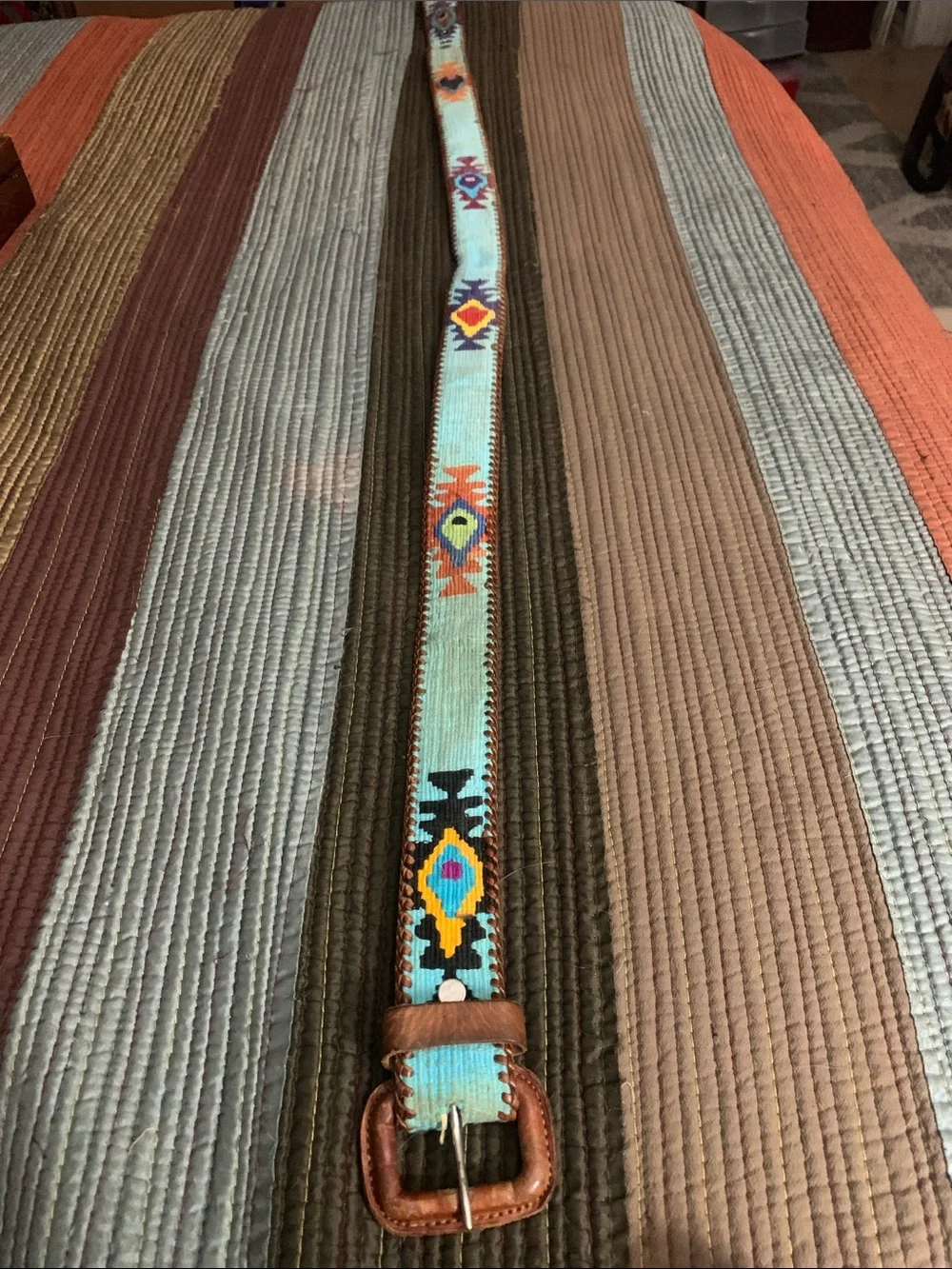 Turquoise Southwestern Embroidered Women’s Belt with Brown Leather Buckle